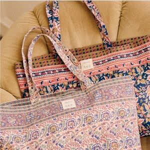 Sézane X Sea NY *Set* Totebags Emilia Print AND Flowers Navy Background NWOT